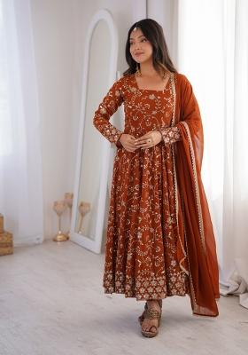 Rust Embroidery Georgette Kurta Set