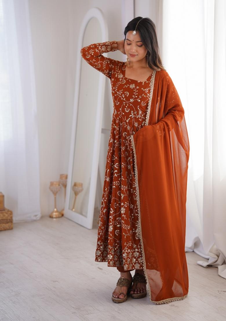 Rust Embroidery Georgette Kurta Set - Indya