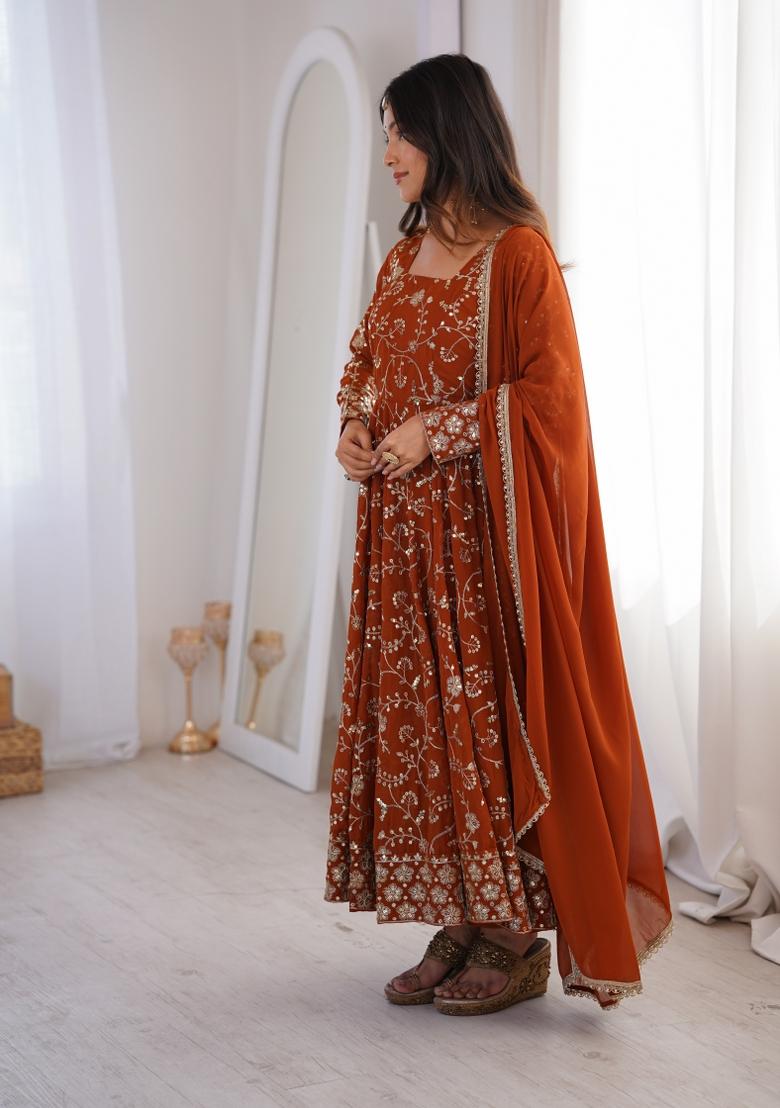 Rust Embroidery Georgette Kurta Set - Indya
