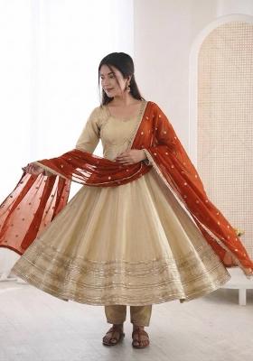 Cream Lace Work Georgette Kurta Set