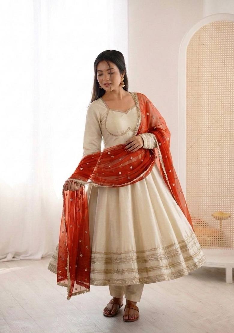 Cream Lace Work Georgette Kurta Set - Indya