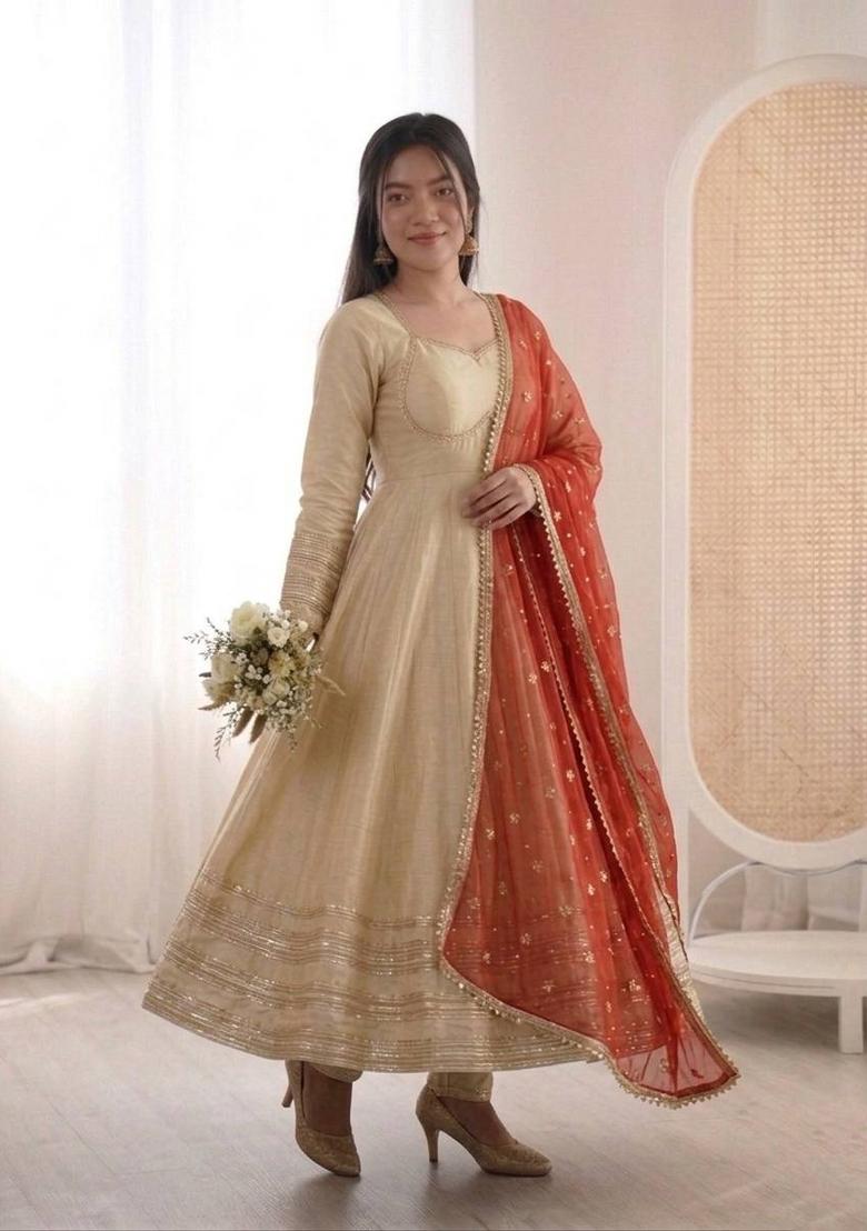 Cream Lace Work Georgette Kurta Set - Indya