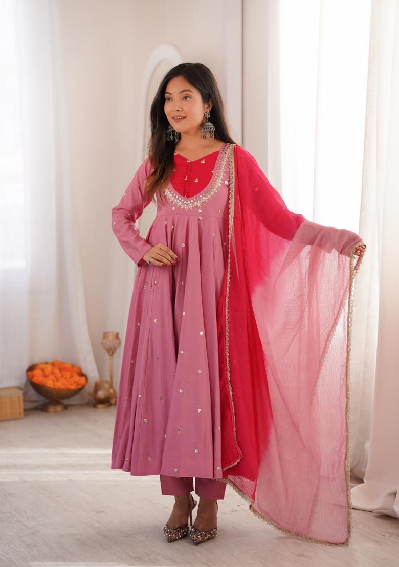Pink Embroidery Silk Kurta Set - Indya