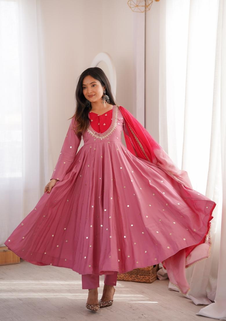 Pink Embroidery Silk Kurta Set - Indya
