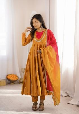 Mustard Embroidery Silk Kurta Set