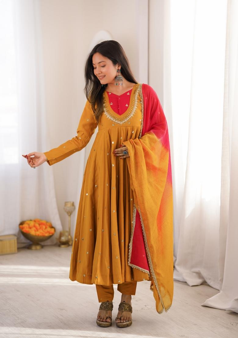 Mustard Embroidery Silk Kurta Set - Indya