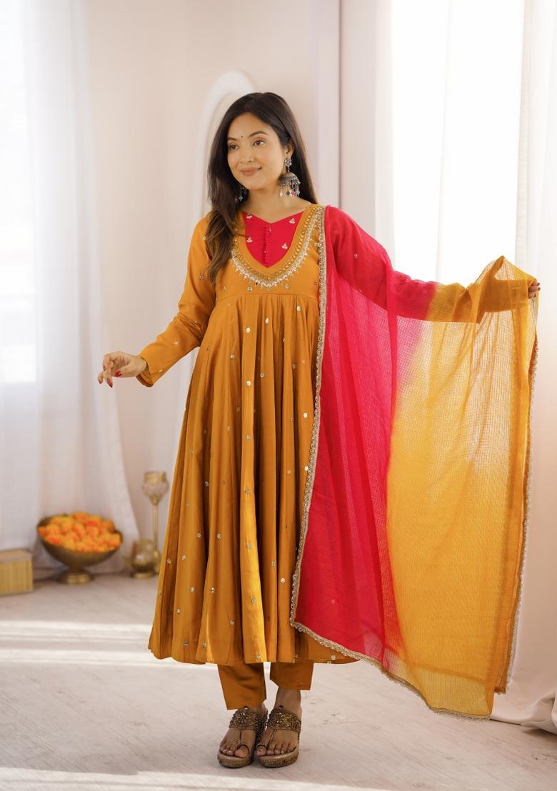 Mustard Embroidery Silk Kurta Set - Indya