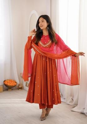 Orange Embroidery Silk Kurta Set