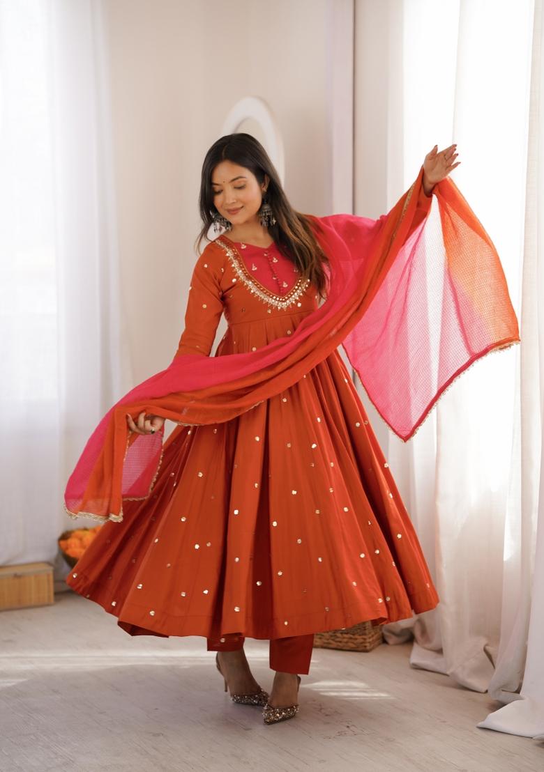 Orange Embroidery Silk Kurta Set - Indya