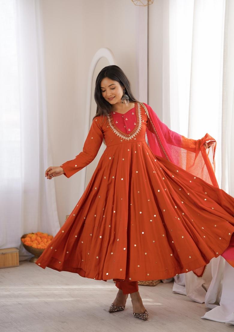 Orange Embroidery Silk Kurta Set - Indya
