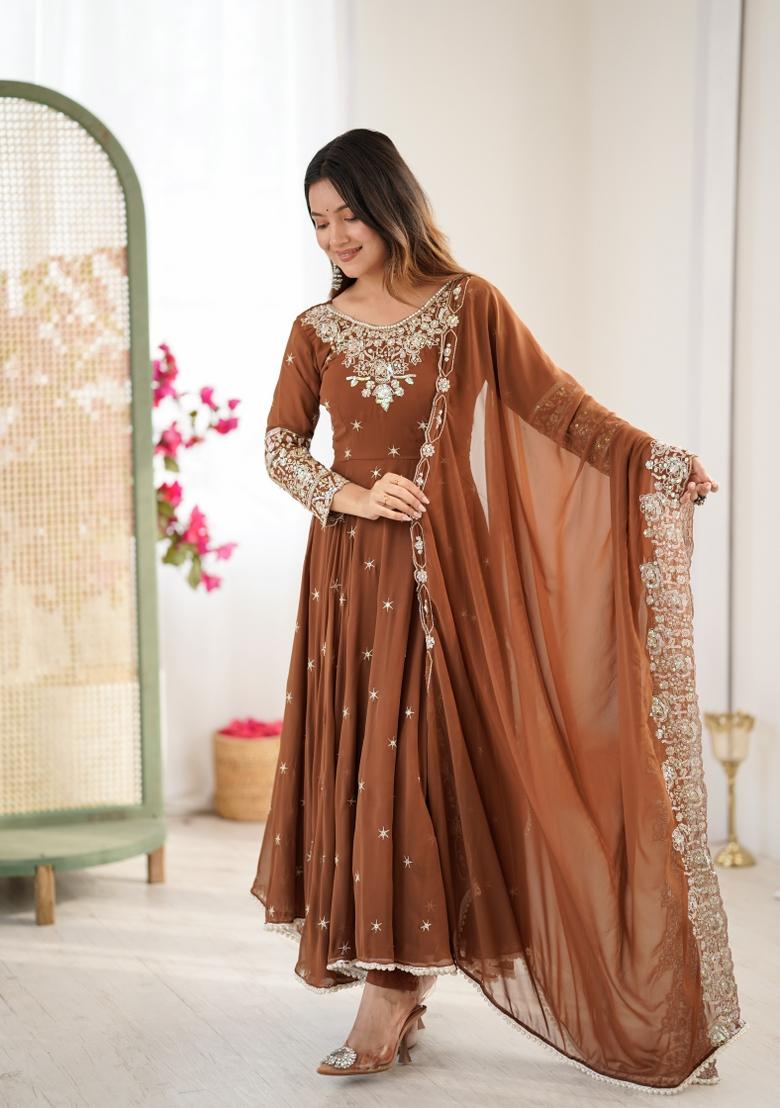 Rust Embroidery Faux Blooming Kurta Set - Indya