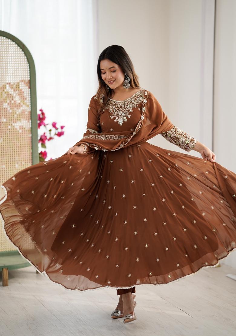 Rust Embroidery Faux Blooming Kurta Set - Indya