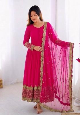 Rani Pink Embroidery Net Gown With Dupatta