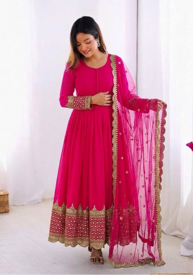 Rani Pink Embroidery Net Gown With Dupatta - Indya