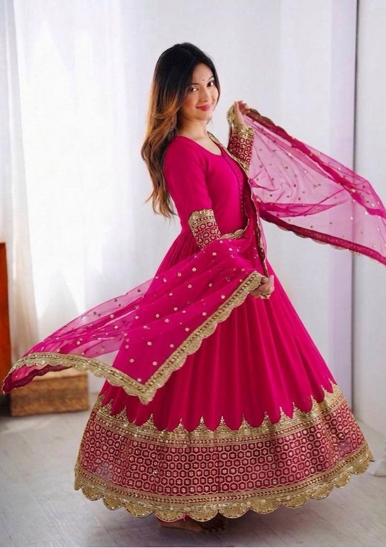Rani Pink Embroidery Net Gown With Dupatta - Indya