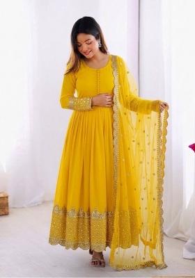Yellow Embroidery Net Gown With Dupatta