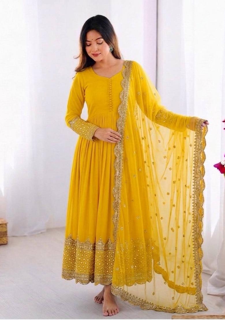 Yellow Embroidery Net Gown With Dupatta - Indya