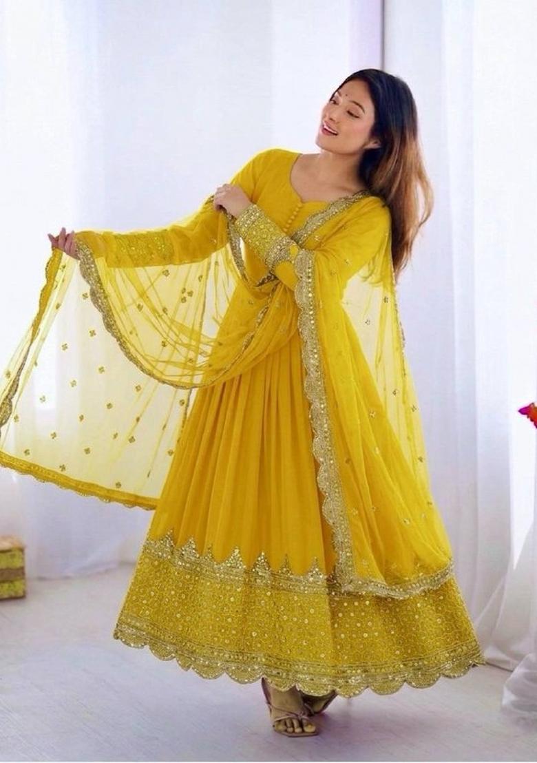 Yellow Embroidery Net Gown With Dupatta - Indya