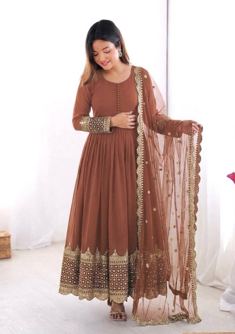 Dusty Mauve Embroidery Net Gown With Dupatta - Indya