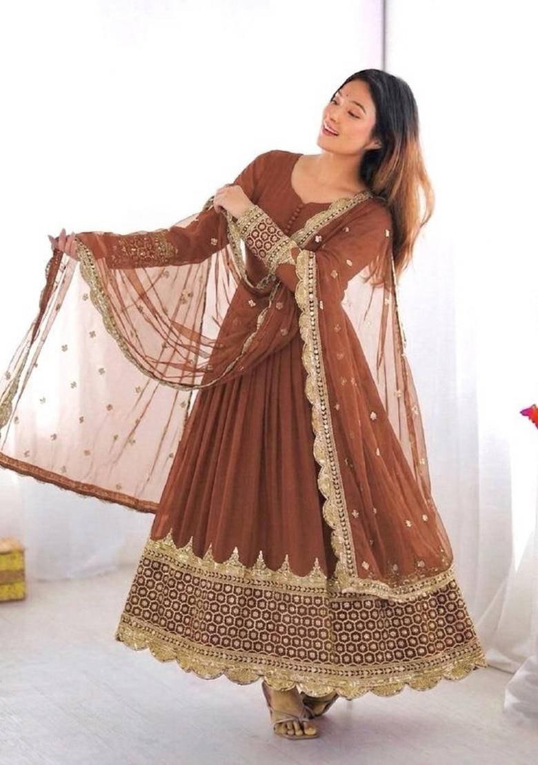 Dusty Mauve Embroidery Net Gown With Dupatta - Indya