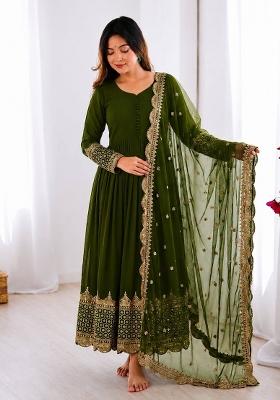 Mehendi Green Embroidery Net Gown With Dupatta