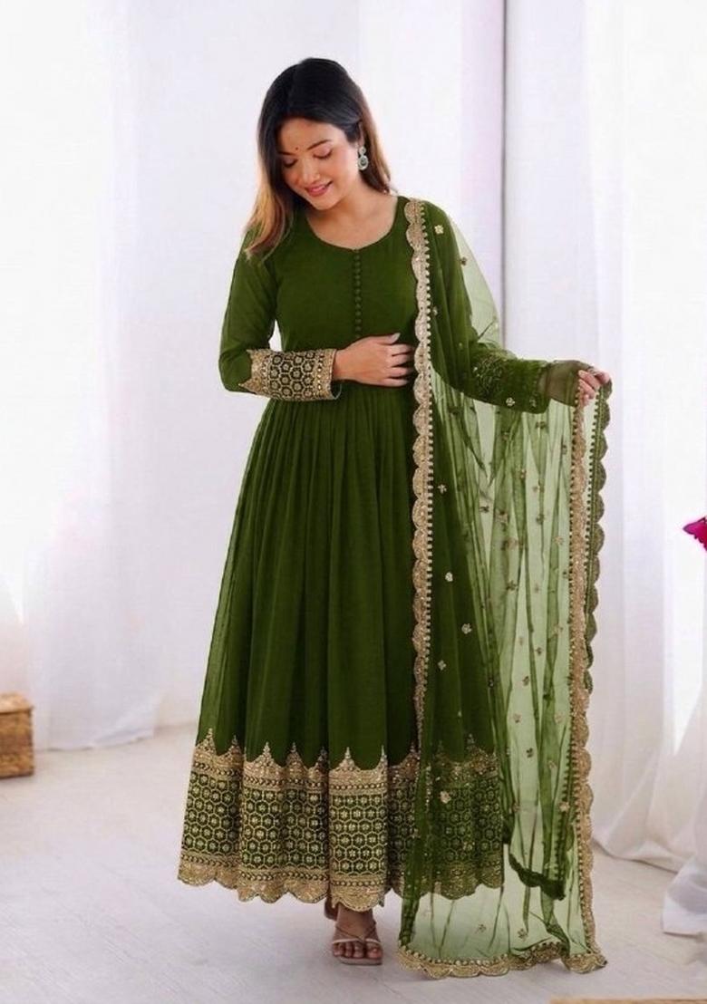 Mehendi Green Embroidery Net Gown With Dupatta - Indya
