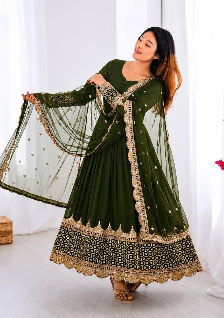 Mehendi Green Embroidery Net Gown With Dupatta - Indya