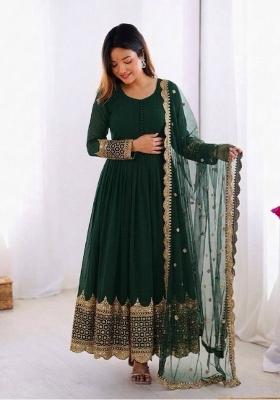 Green Embroidery Net Gown With Dupatta