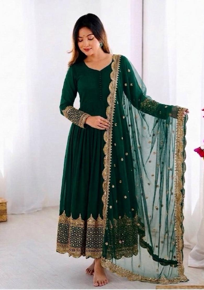 Green Embroidery Net Gown With Dupatta - Indya