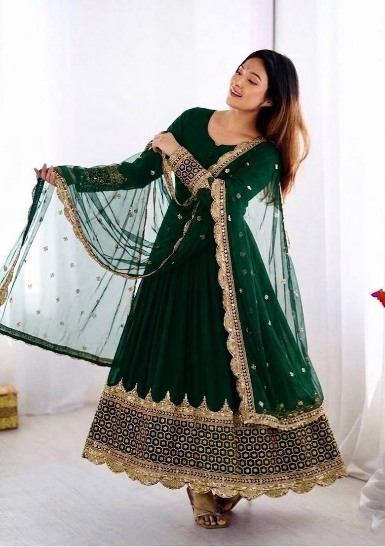 Green Embroidery Net Gown With Dupatta - Indya