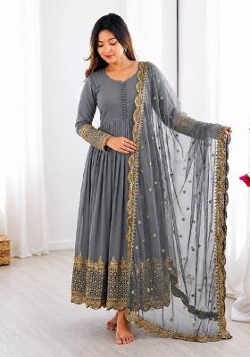 Grey Embroidery Net Gown With Dupatta