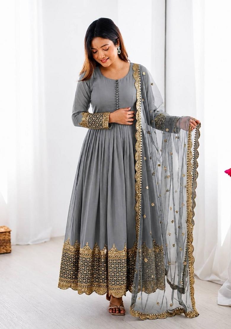 Grey Embroidery Net Gown With Dupatta - Indya