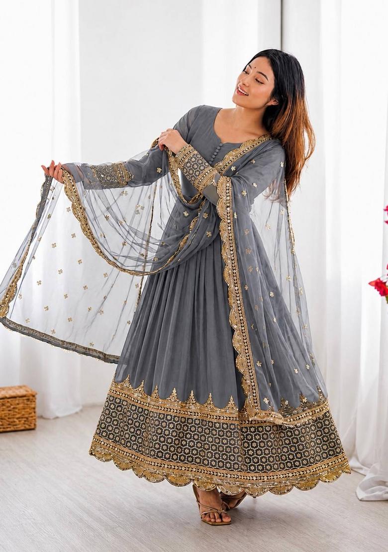 Grey Embroidery Net Gown With Dupatta - Indya