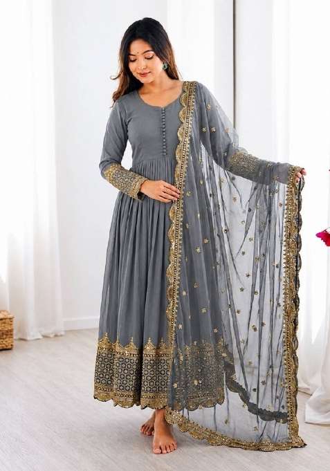 Grey Embroidery Net Gown With Dupatta