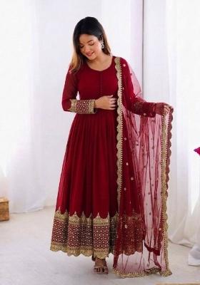 Maroon Embroidery Net Gown With Dupatta