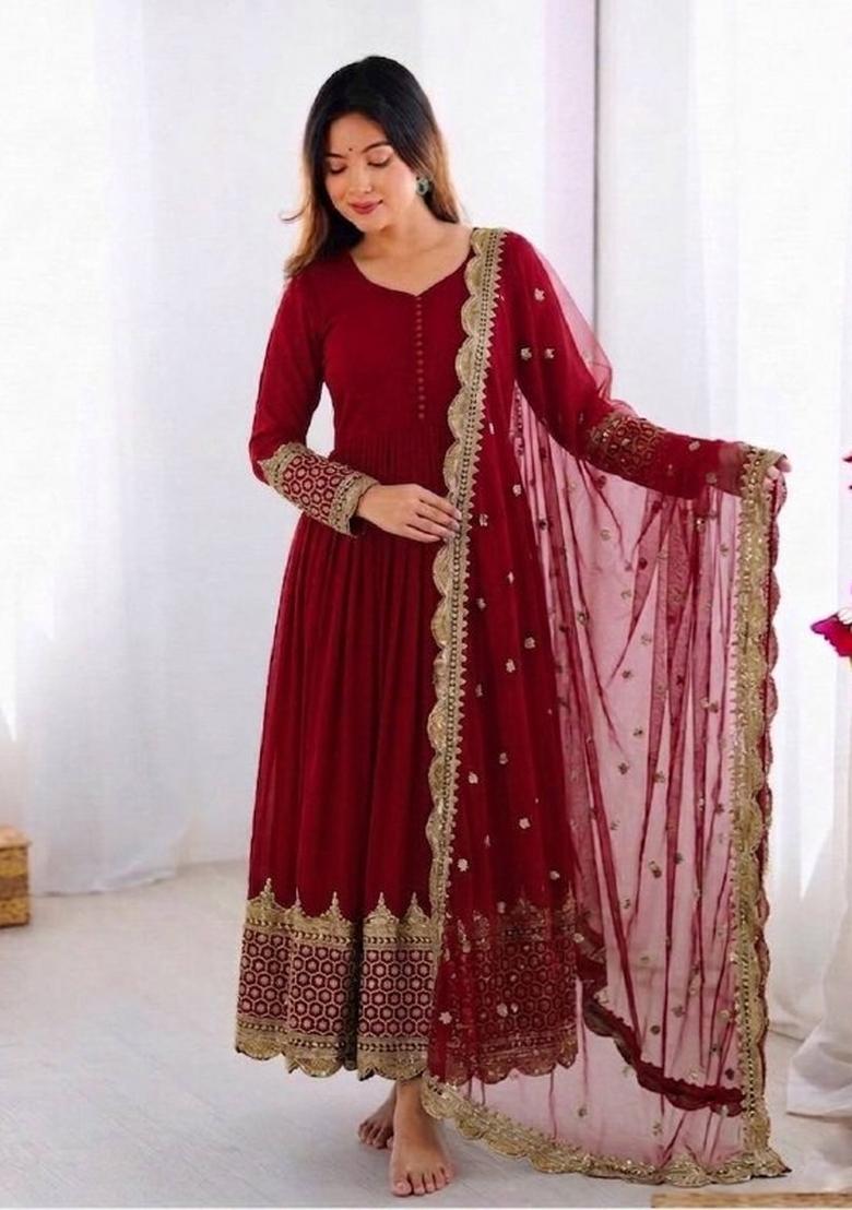Maroon Embroidery Net Gown With Dupatta - Indya