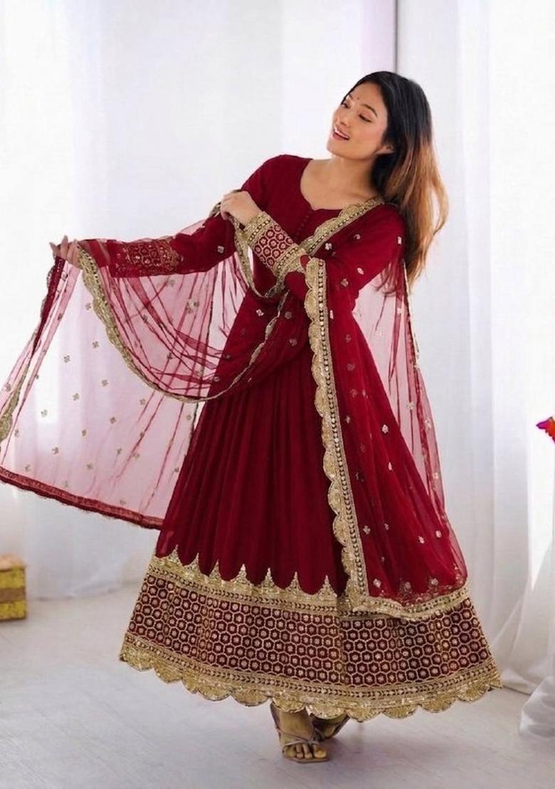 Maroon Embroidery Net Gown With Dupatta - Indya