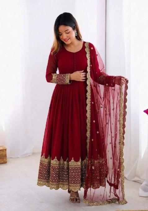 Maroon Embroidery Net Gown With Dupatta
