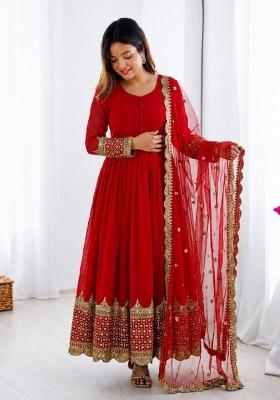Red Embroidery Net Gown With Dupatta