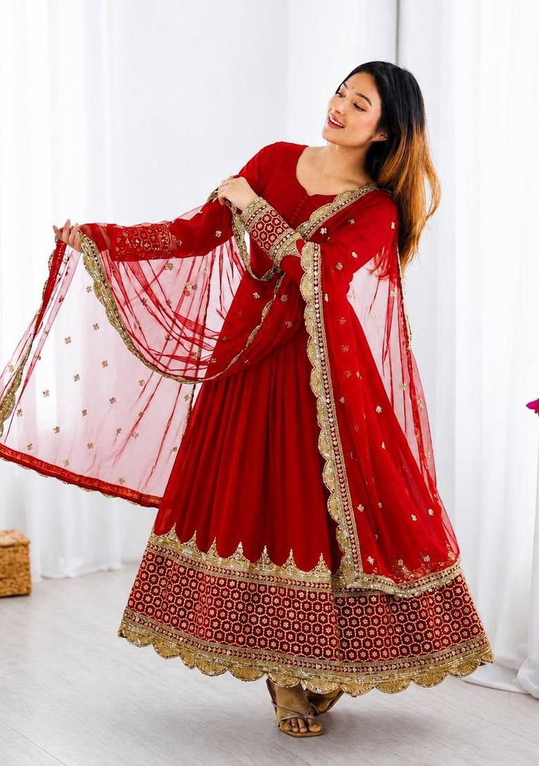 Red Embroidery Net Gown With Dupatta - Indya