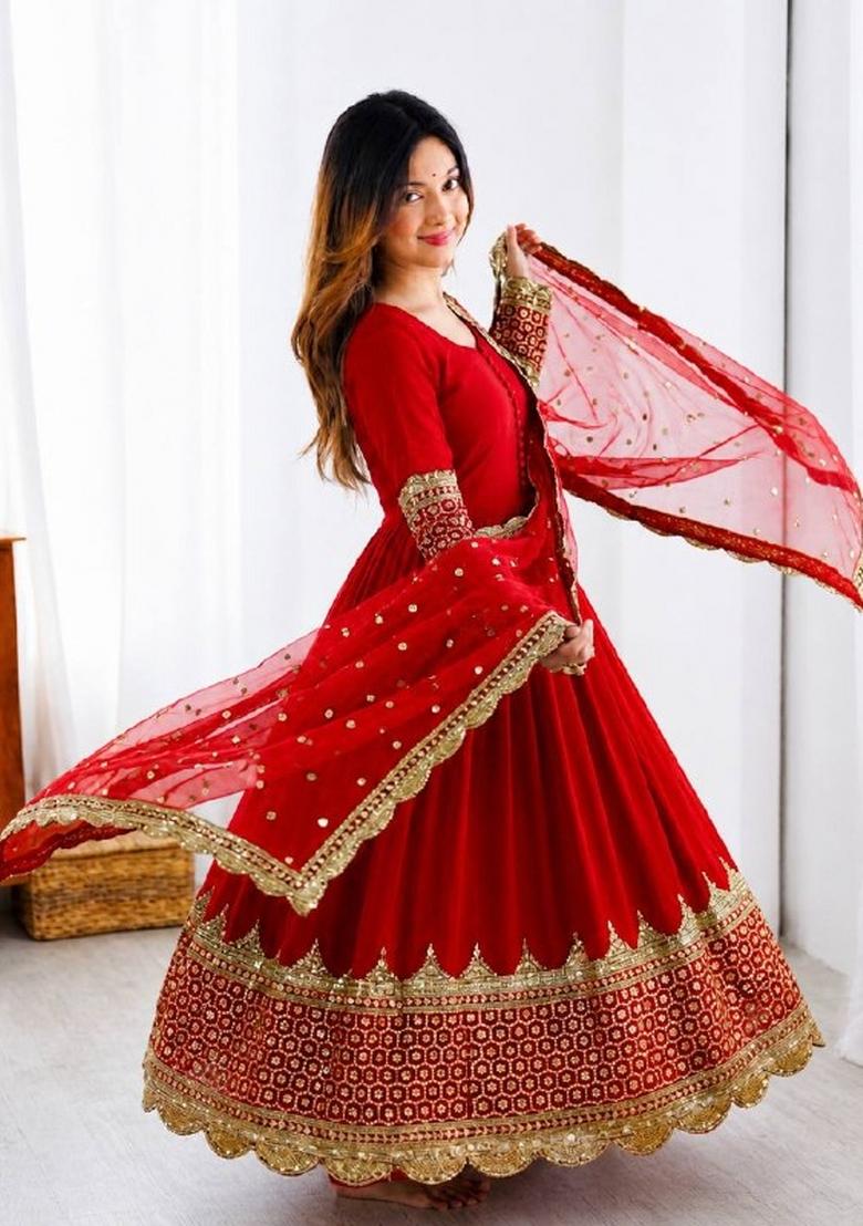 Red Embroidery Net Gown With Dupatta - Indya