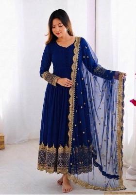 Blue Embroidery Net Gown With Dupatta