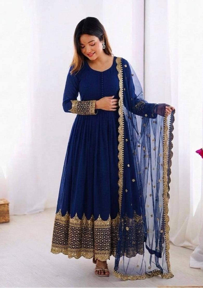 Blue Embroidery Net Gown With Dupatta - Indya