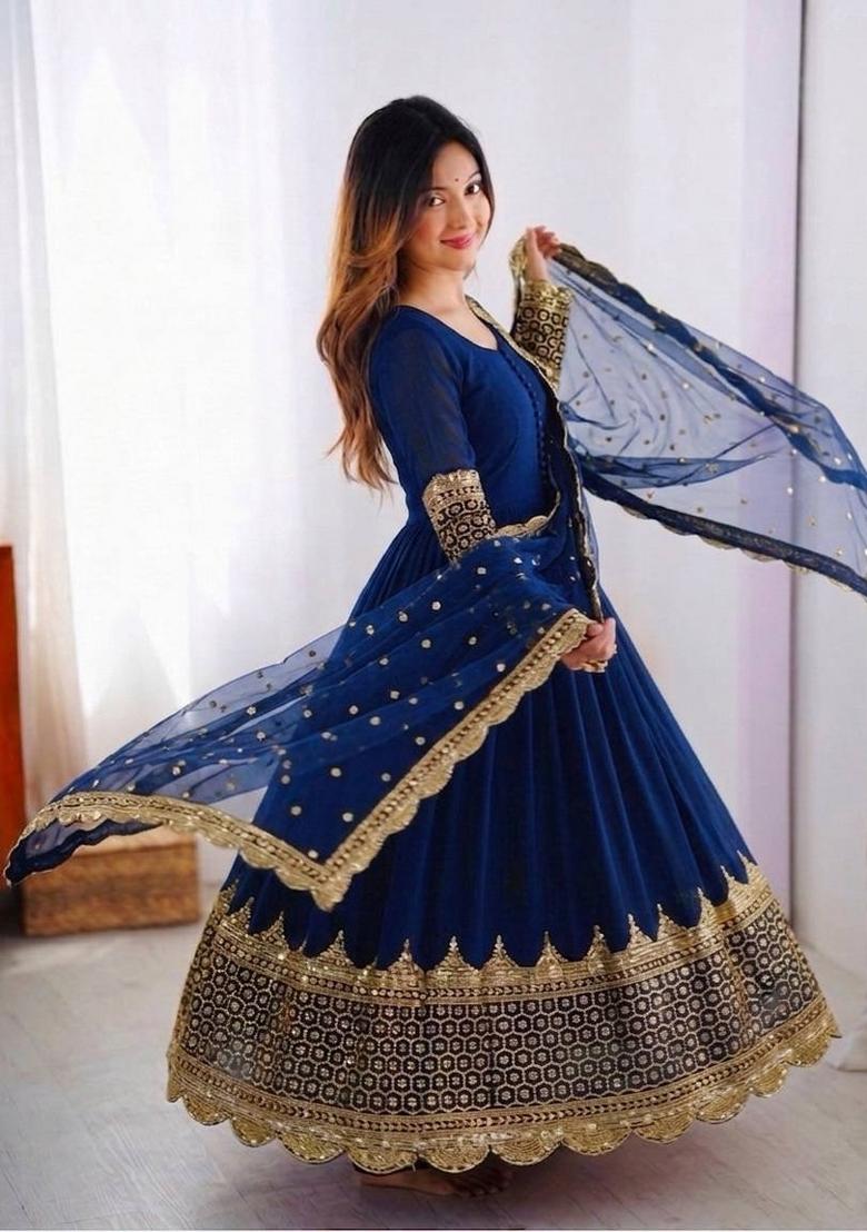 Blue Embroidery Net Gown With Dupatta - Indya