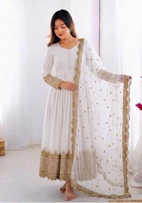 White Embroidery Net Gown With Dupatta
