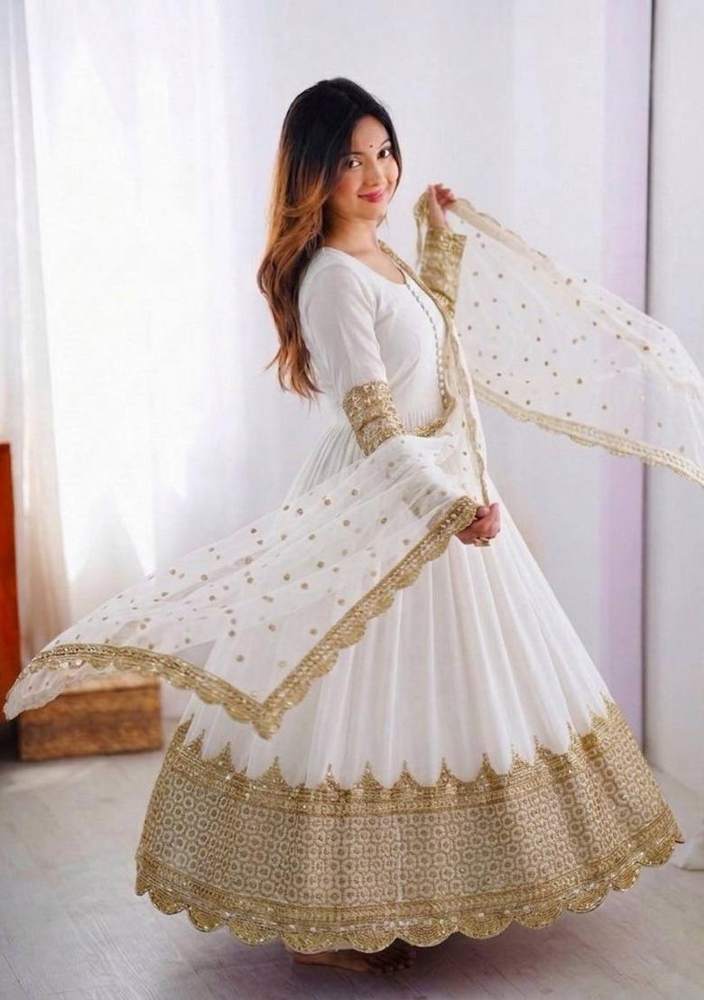 White Embroidery Net Gown With Dupatta - Indya