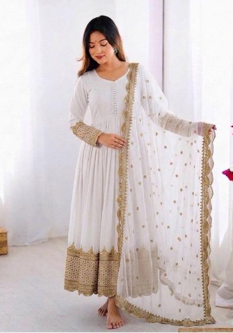 White Embroidery Net Gown With Dupatta