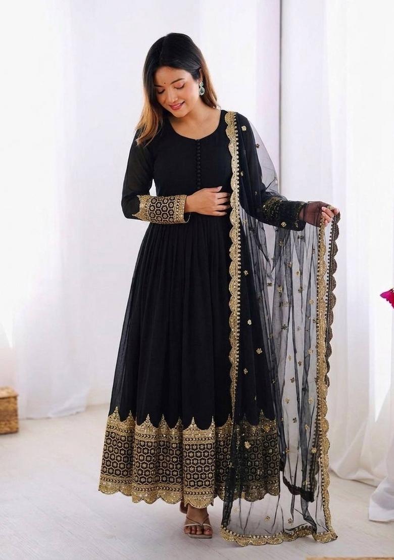 Black Embroidery Net Gown With Dupatta - Indya