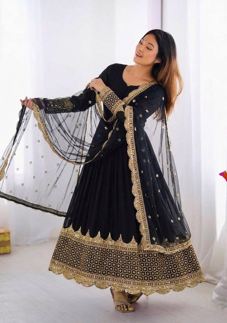 Black Embroidery Net Gown With Dupatta - Indya