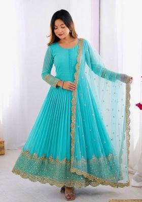 Sky Blue Embroidery Net Gown With Dupatta